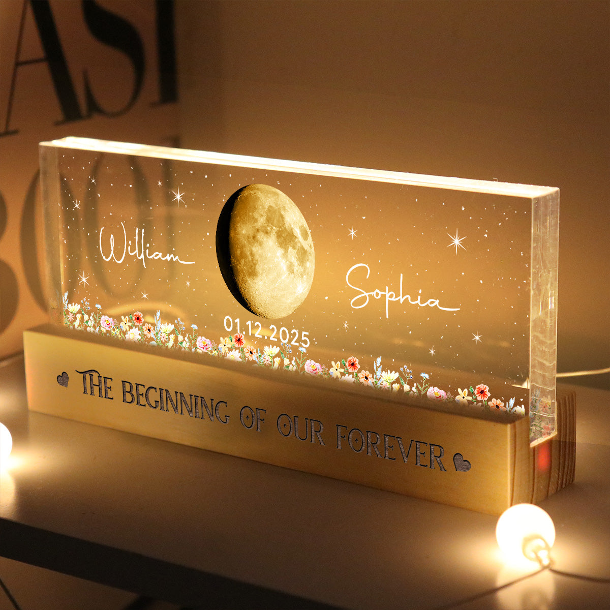 Floral Our Moon Couple Custom Moon Phase Anniversary Date - Personalized Acrylic Block LED Plaque Night Light - Gift For Couple