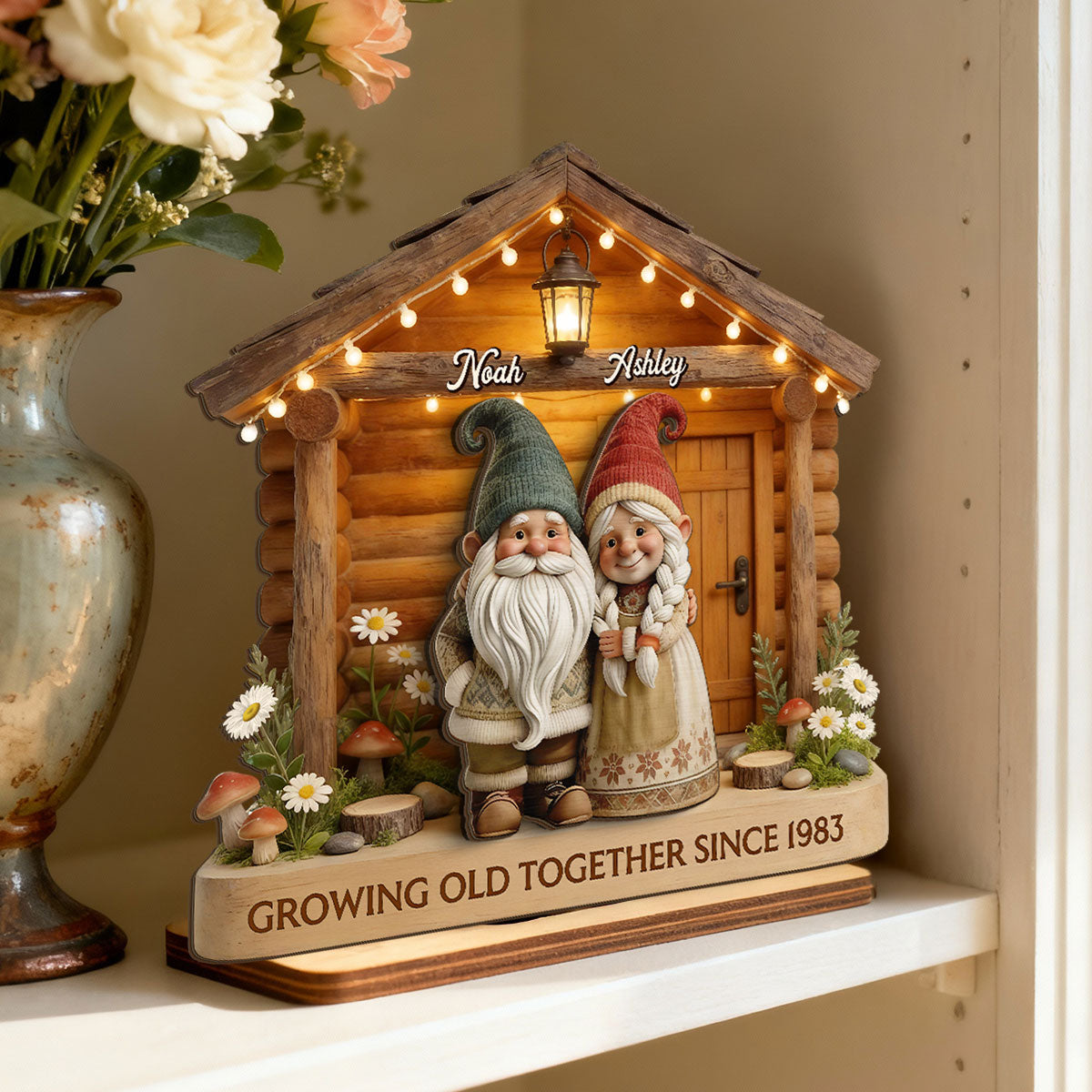 Eternal Love Gnome Couple At Wooden Cabin - Personalized 2-Layered Wooden Plaque - Heartfelt Gift For Couple