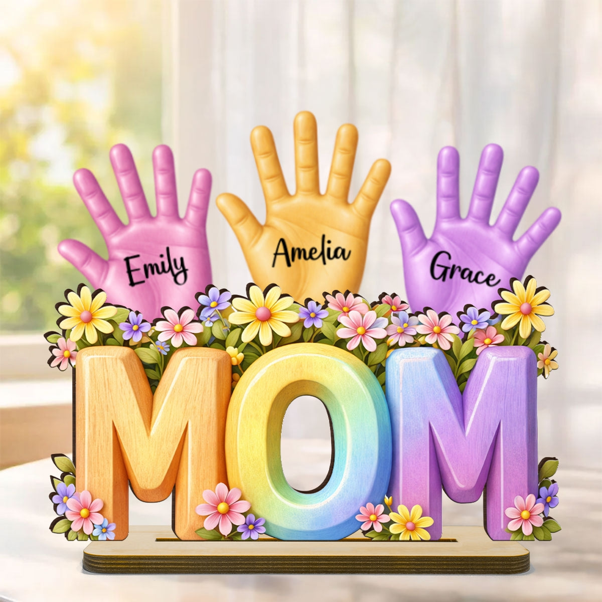 Mom And Kids Hand Print - Personalized 2-Layered Wooden Plaque - Heartfelt Mother's Day Gift for Mom, Wife