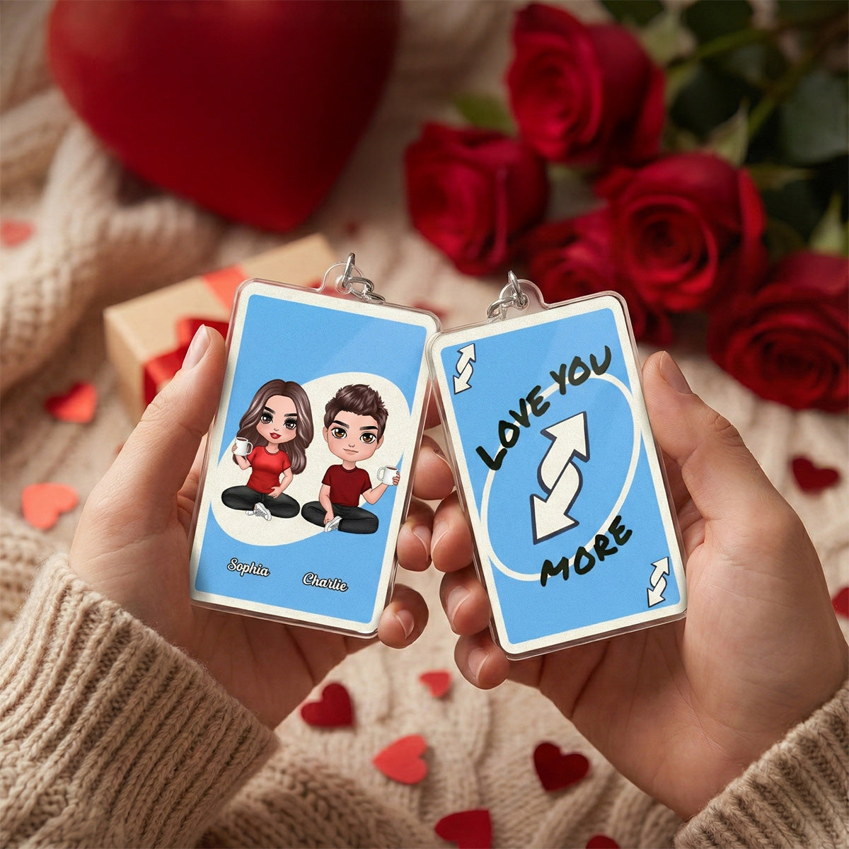 Love You More Game Card Style Doll Cartoon Couple - Personalized Acrylic Keychain - Valentine's Day Gift, Anniversary Gift For Him, For Her