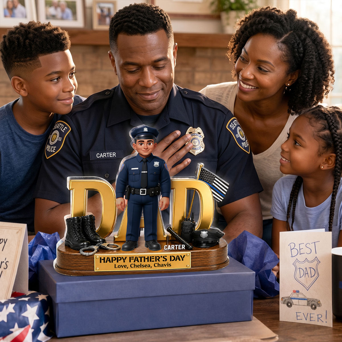 Proud American Police Dad You Are Our Hero Thin Blue Line 2D Flat - Personalized Acrylic Block Plaque -  Gift For Dad