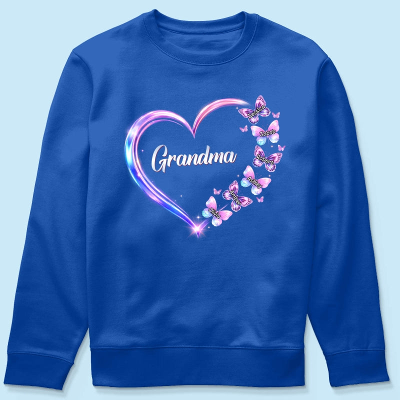 Grandma Mom Butterfly Heart with Kids' Names - Personalized Shirt - Sentimental Gift for Grandma, Mom