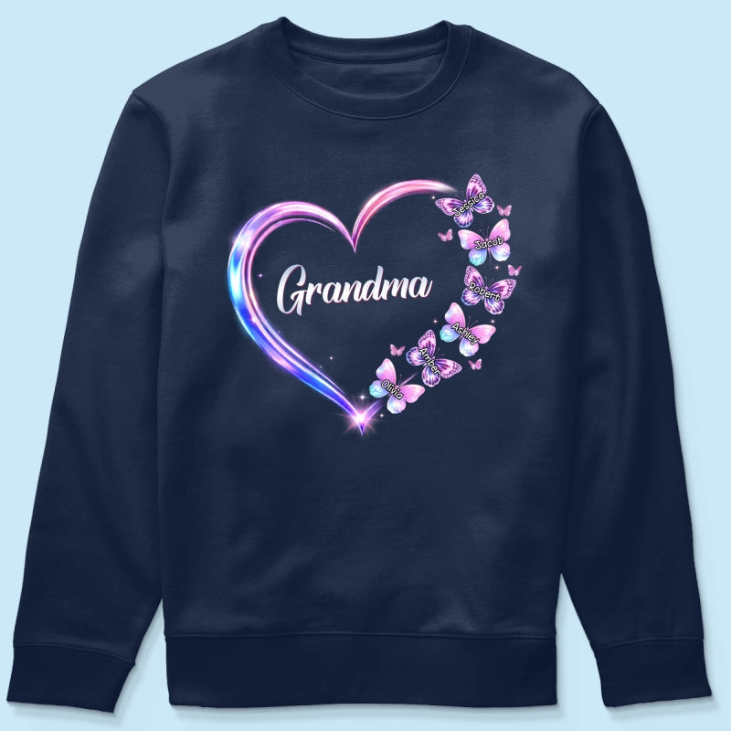 Grandma Mom Butterfly Heart with Kids' Names - Personalized Shirt - Sentimental Gift for Grandma, Mom