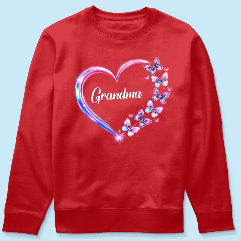 Grandma Mom Butterfly Heart with Kids' Names - Personalized Shirt - Sentimental Gift for Grandma, Mom