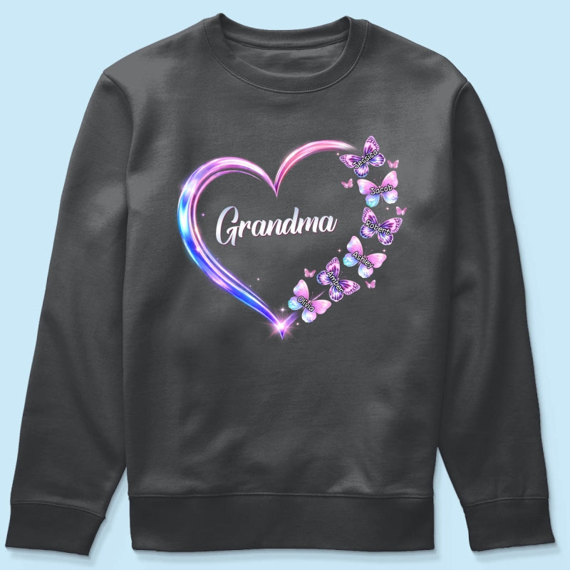 Grandma Mom Butterfly Heart with Kids' Names - Personalized Shirt - Sentimental Gift for Grandma, Mom