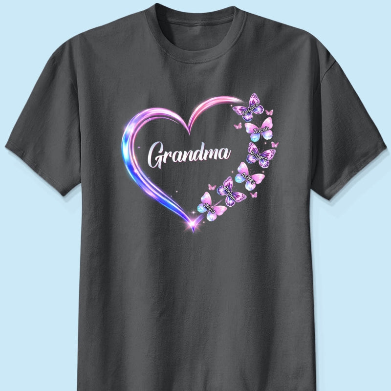 Grandma Mom Butterfly Heart with Kids' Names - Personalized Shirt - Sentimental Gift for Grandma, Mom