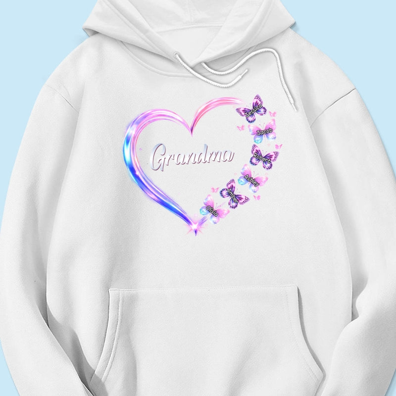 Grandma Mom Butterfly Heart with Kids' Names - Personalized Shirt - Sentimental Gift for Grandma, Mom