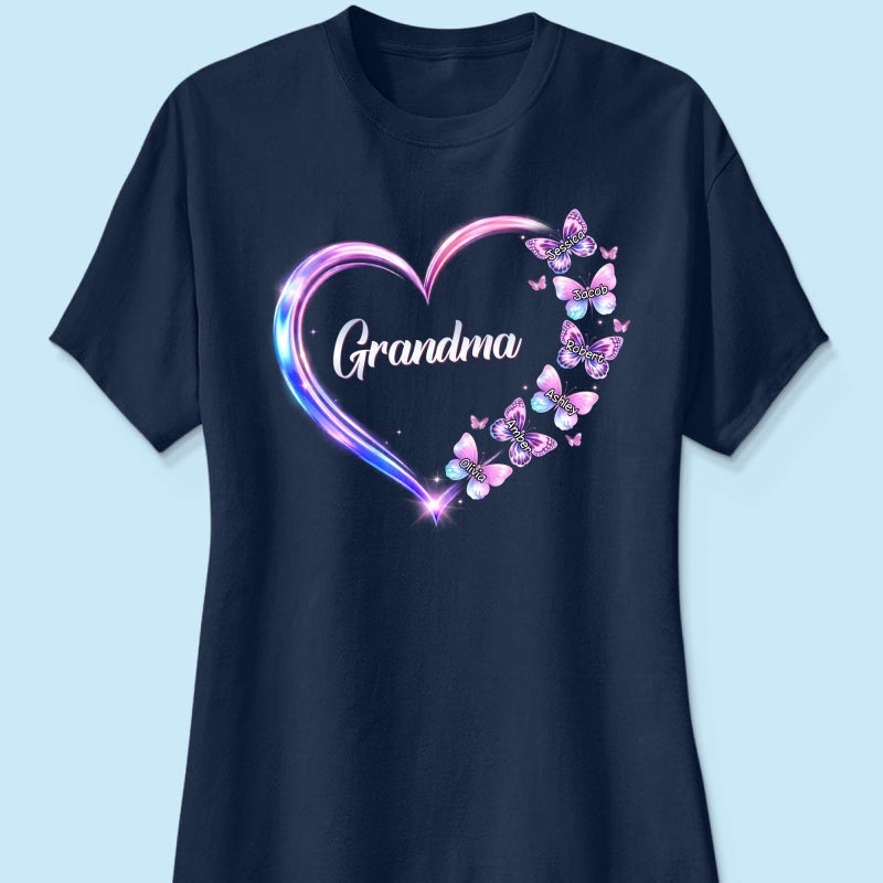 Grandma Mom Butterfly Heart with Kids' Names - Personalized Shirt - Sentimental Gift for Grandma, Mom
