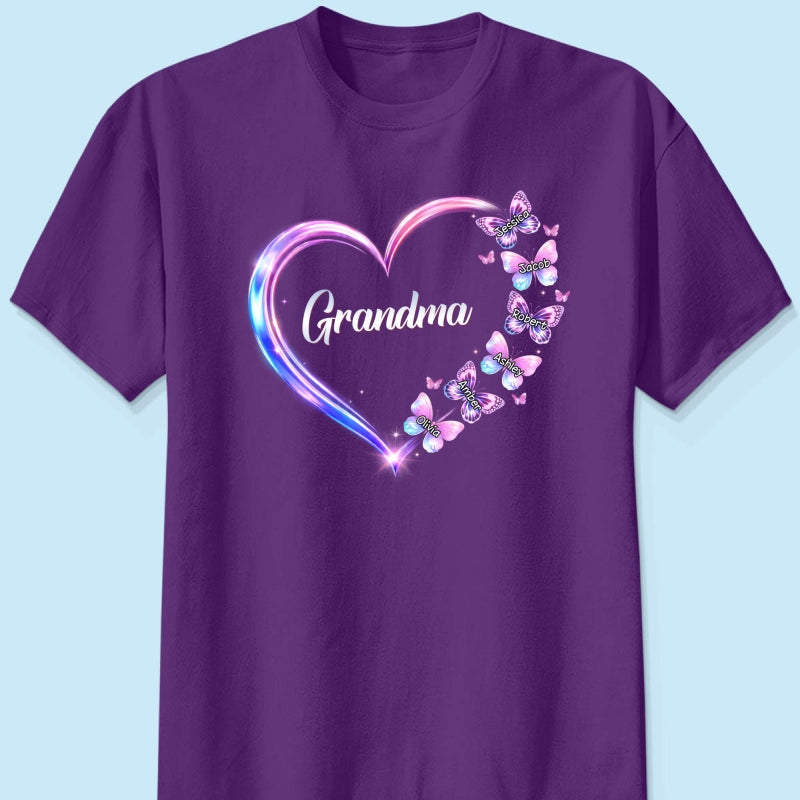 Grandma Mom Butterfly Heart with Kids' Names - Personalized Shirt - Sentimental Gift for Grandma, Mom