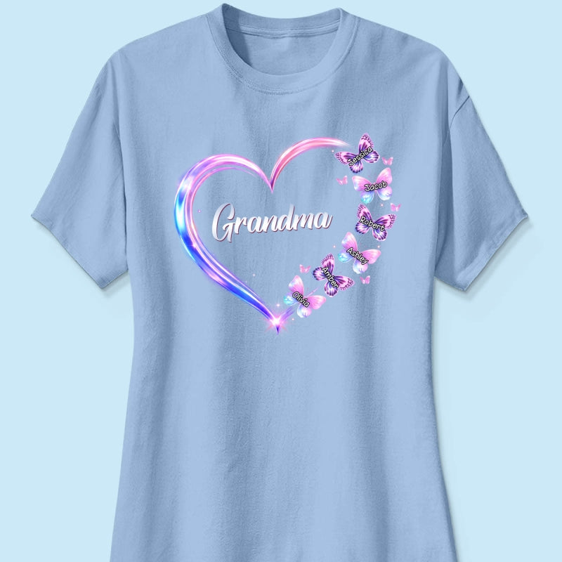 Grandma Mom Butterfly Heart with Kids' Names - Personalized Shirt - Sentimental Gift for Grandma, Mom