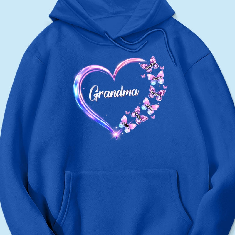 Grandma Mom Butterfly Heart with Kids' Names - Personalized Shirt - Sentimental Gift for Grandma, Mom