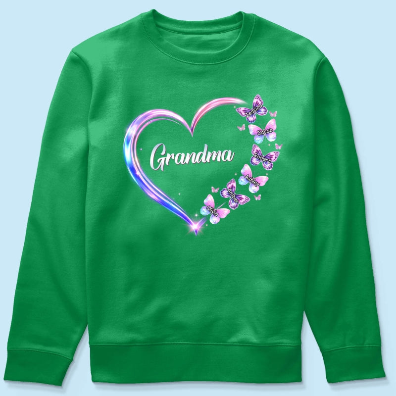 Grandma Mom Butterfly Heart with Kids' Names - Personalized Shirt - Sentimental Gift for Grandma, Mom