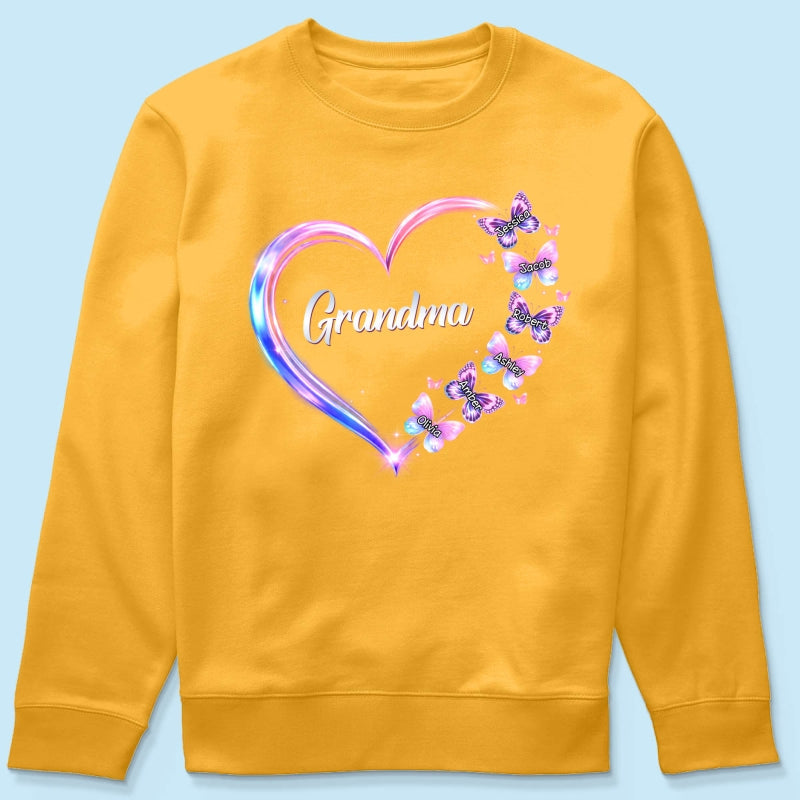 Grandma Mom Butterfly Heart with Kids' Names - Personalized Shirt - Sentimental Gift for Grandma, Mom