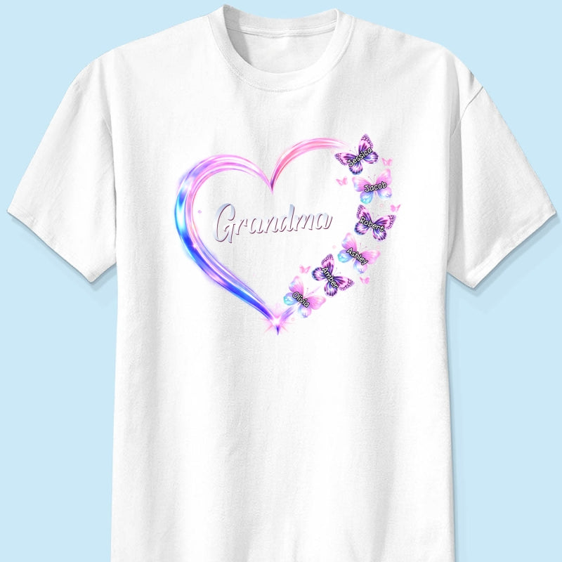 Grandma Mom Butterfly Heart with Kids' Names - Personalized Shirt - Sentimental Gift for Grandma, Mom