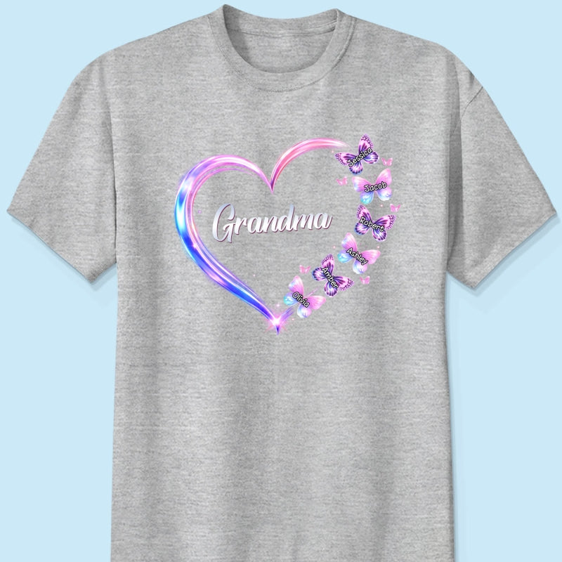 Grandma Mom Butterfly Heart with Kids' Names - Personalized Shirt - Sentimental Gift for Grandma, Mom