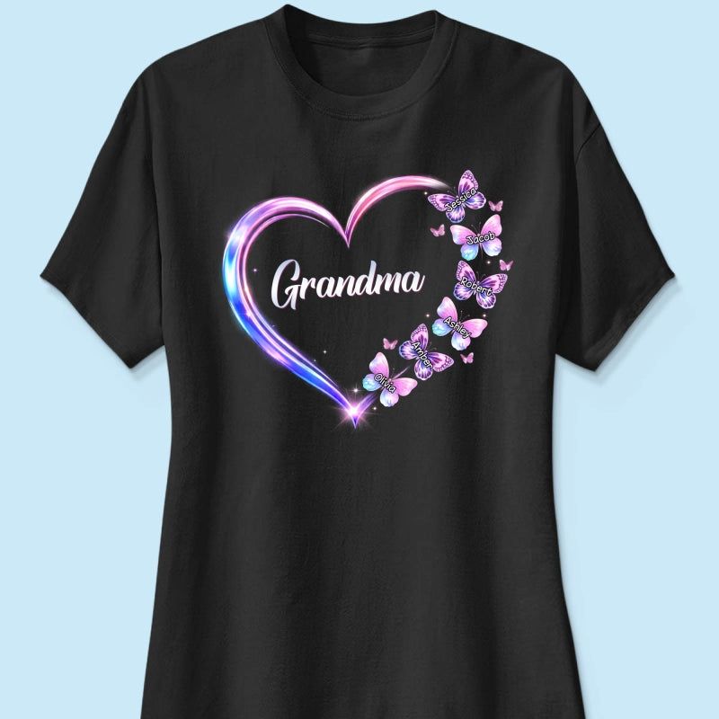Grandma Mom Butterfly Heart with Kids' Names - Personalized Shirt - Sentimental Gift for Grandma, Mom