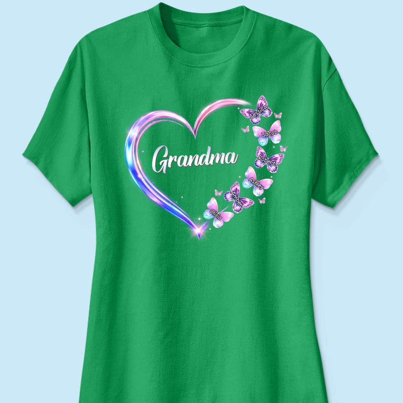 Grandma Mom Butterfly Heart with Kids' Names - Personalized Shirt - Sentimental Gift for Grandma, Mom