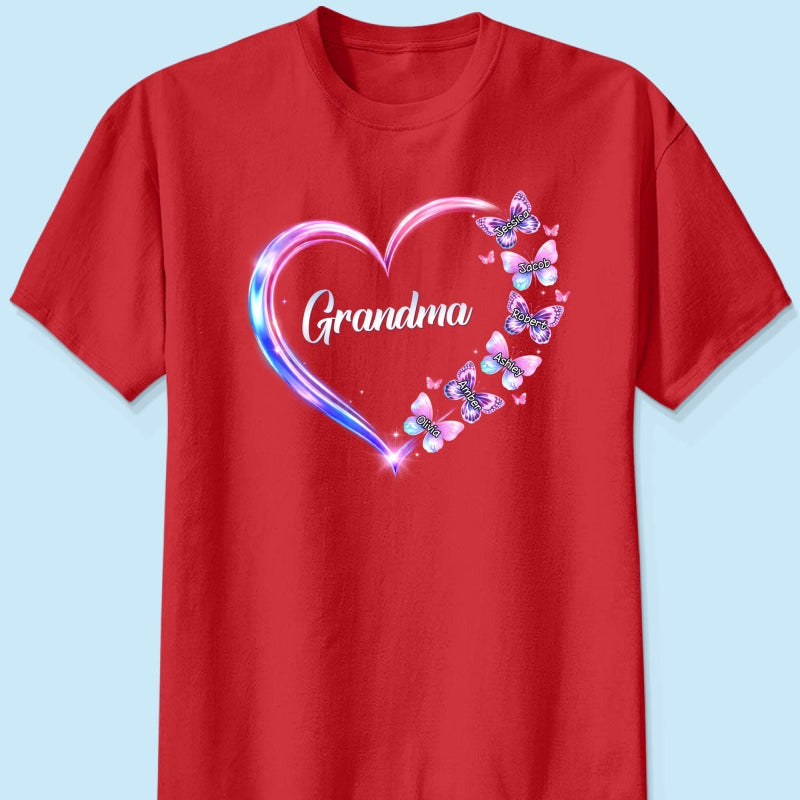 Grandma Mom Butterfly Heart with Kids' Names - Personalized Shirt - Sentimental Gift for Grandma, Mom