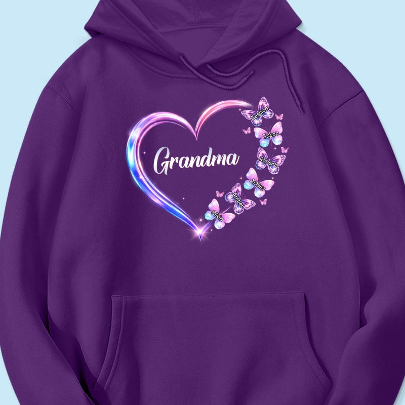 Grandma Mom Butterfly Heart with Kids' Names - Personalized Shirt - Sentimental Gift for Grandma, Mom