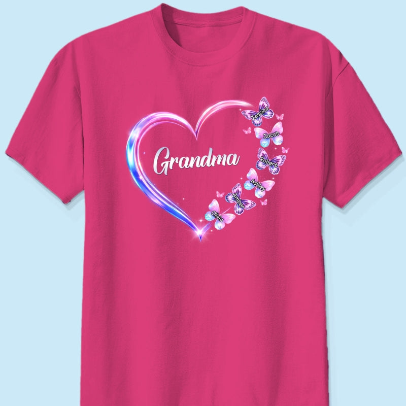 Grandma Mom Butterfly Heart with Kids' Names - Personalized Shirt - Sentimental Gift for Grandma, Mom
