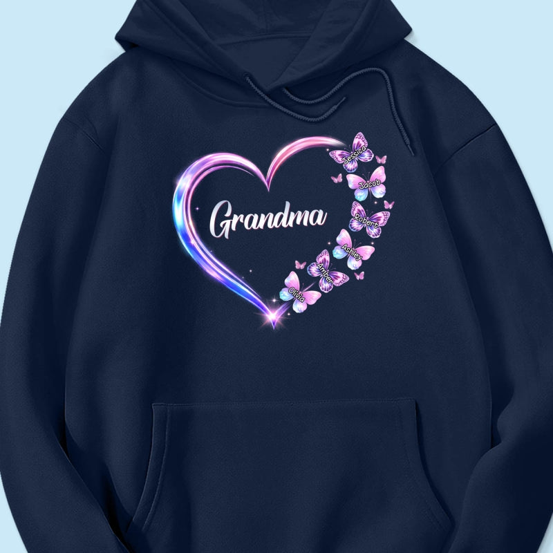Grandma Mom Butterfly Heart with Kids' Names - Personalized Shirt - Sentimental Gift for Grandma, Mom