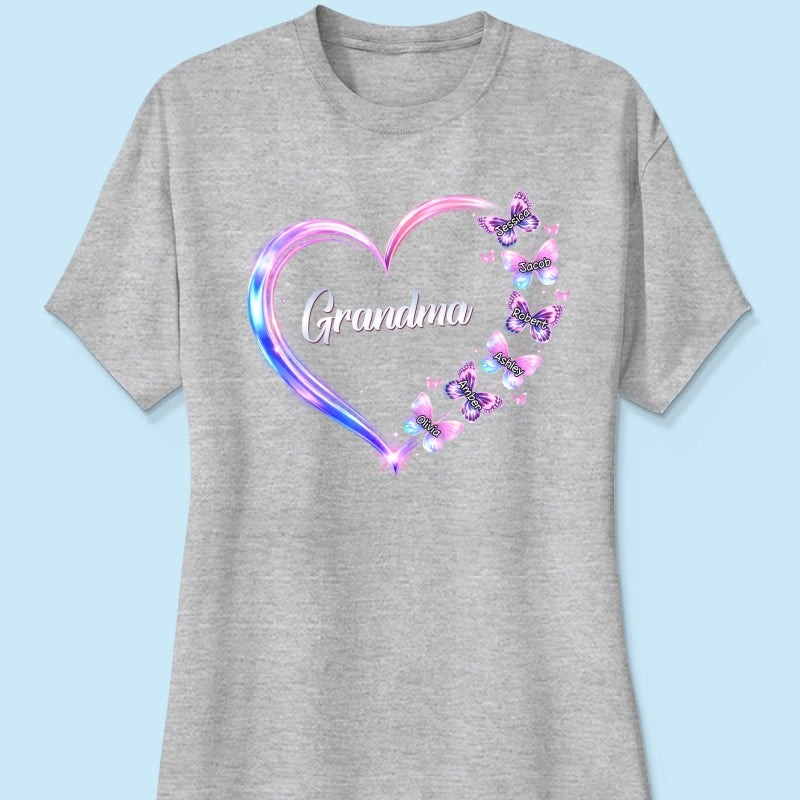 Grandma Mom Butterfly Heart with Kids' Names - Personalized Shirt - Sentimental Gift for Grandma, Mom
