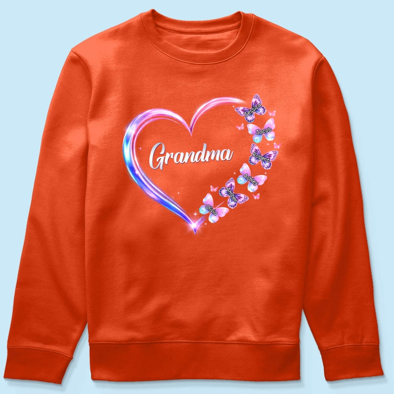 Grandma Mom Butterfly Heart with Kids' Names - Personalized Shirt - Sentimental Gift for Grandma, Mom