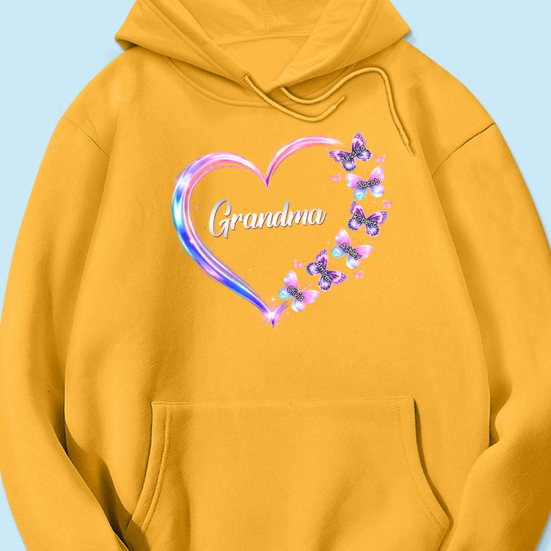 Grandma Mom Butterfly Heart with Kids' Names - Personalized Shirt - Sentimental Gift for Grandma, Mom