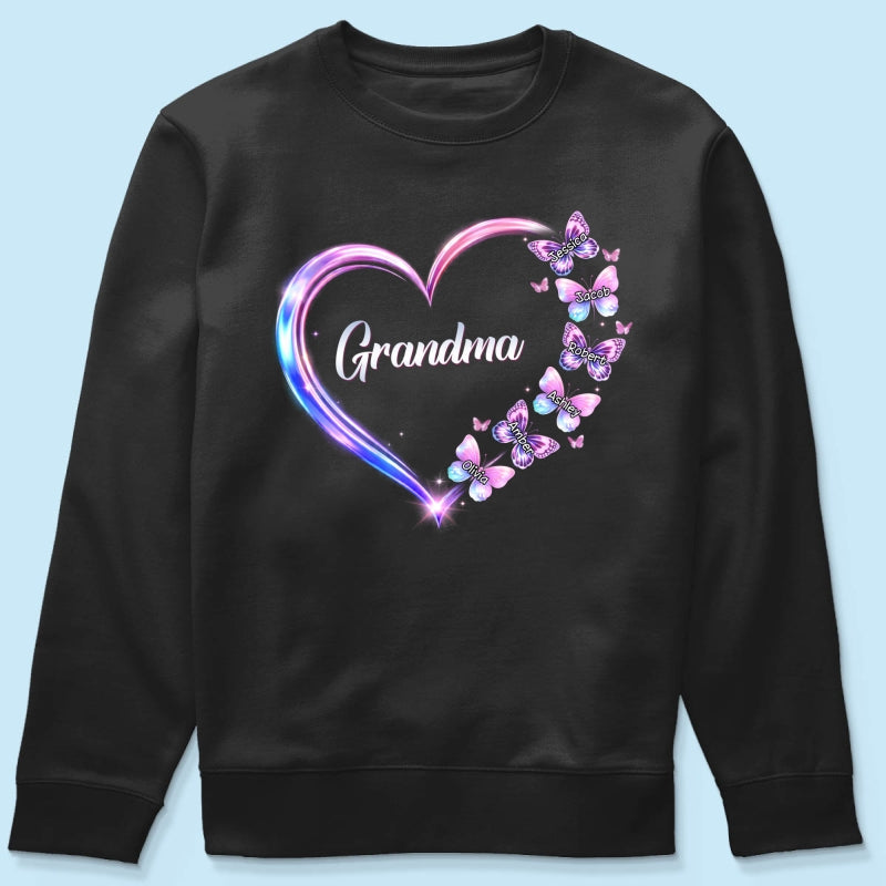 Grandma Mom Butterfly Heart with Kids' Names - Personalized Shirt - Sentimental Gift for Grandma, Mom