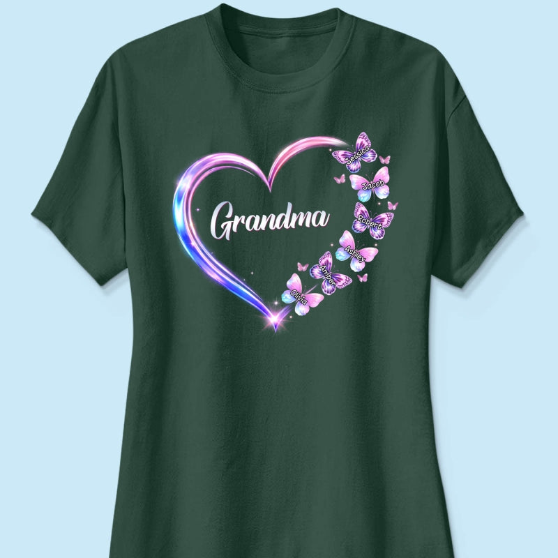 Grandma Mom Butterfly Heart with Kids' Names - Personalized Shirt - Sentimental Gift for Grandma, Mom