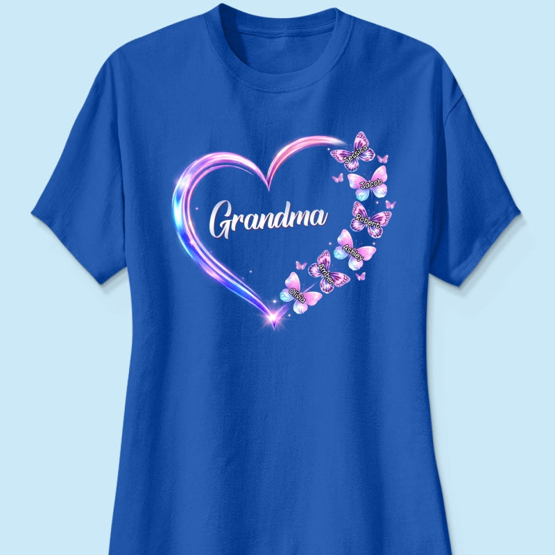 Grandma Mom Butterfly Heart with Kids' Names - Personalized Shirt - Sentimental Gift for Grandma, Mom