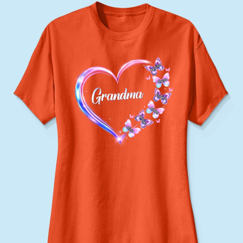 Grandma Mom Butterfly Heart with Kids' Names - Personalized Shirt - Sentimental Gift for Grandma, Mom