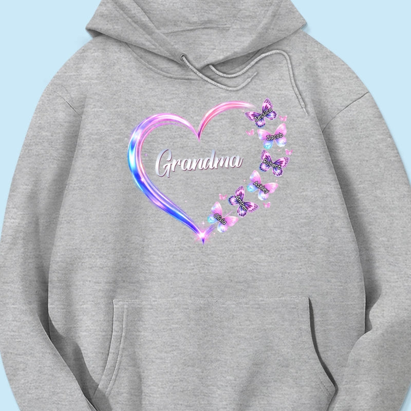 Grandma Mom Butterfly Heart with Kids' Names - Personalized Shirt - Sentimental Gift for Grandma, Mom