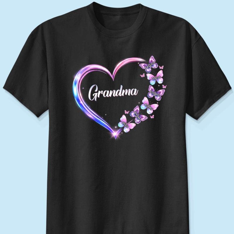 Grandma Mom Butterfly Heart with Kids' Names - Personalized Shirt - Sentimental Gift for Grandma, Mom