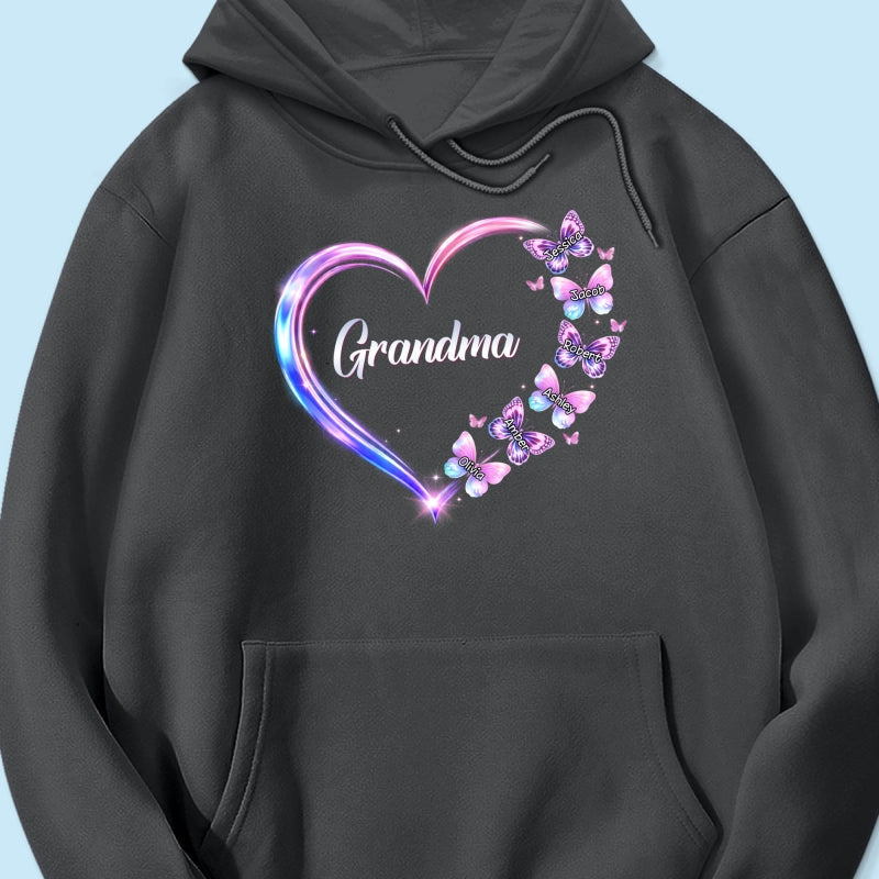 Grandma Mom Butterfly Heart with Kids' Names - Personalized Shirt - Sentimental Gift for Grandma, Mom