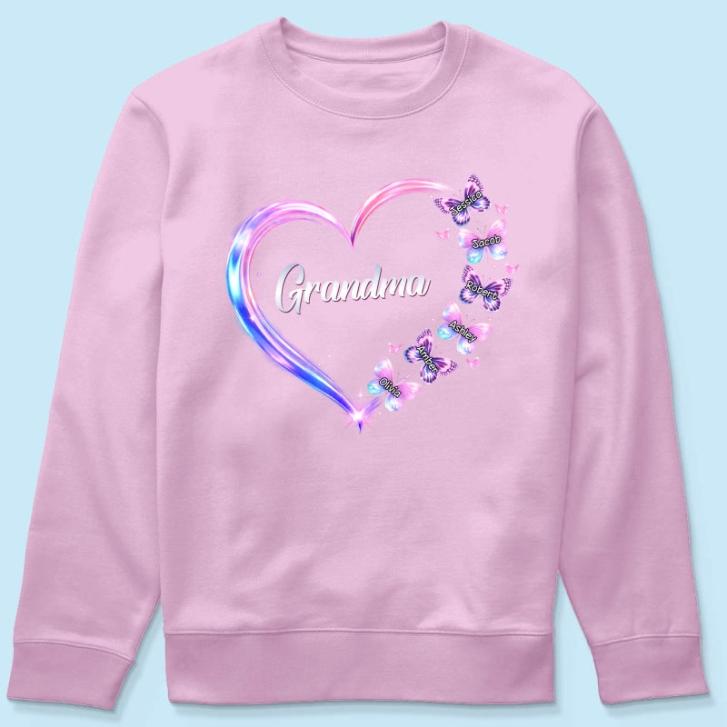 Grandma Mom Butterfly Heart with Kids' Names - Personalized Shirt - Sentimental Gift for Grandma, Mom