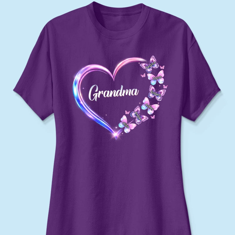 Grandma Mom Butterfly Heart with Kids' Names - Personalized Shirt - Sentimental Gift for Grandma, Mom