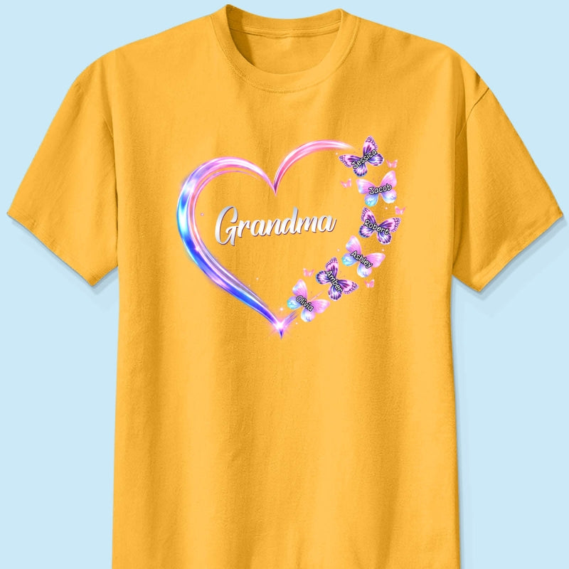 Grandma Mom Butterfly Heart with Kids' Names - Personalized Shirt - Sentimental Gift for Grandma, Mom