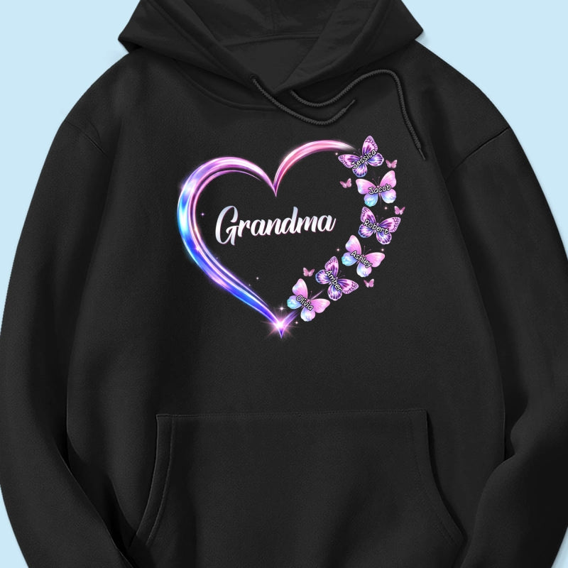 Grandma Mom Butterfly Heart with Kids' Names - Personalized Shirt - Sentimental Gift for Grandma, Mom