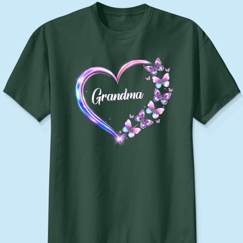 Grandma Mom Butterfly Heart with Kids' Names - Personalized Shirt - Sentimental Gift for Grandma, Mom
