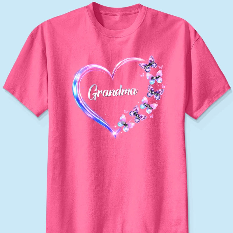 Grandma Mom Butterfly Heart with Kids' Names - Personalized Shirt - Sentimental Gift for Grandma, Mom