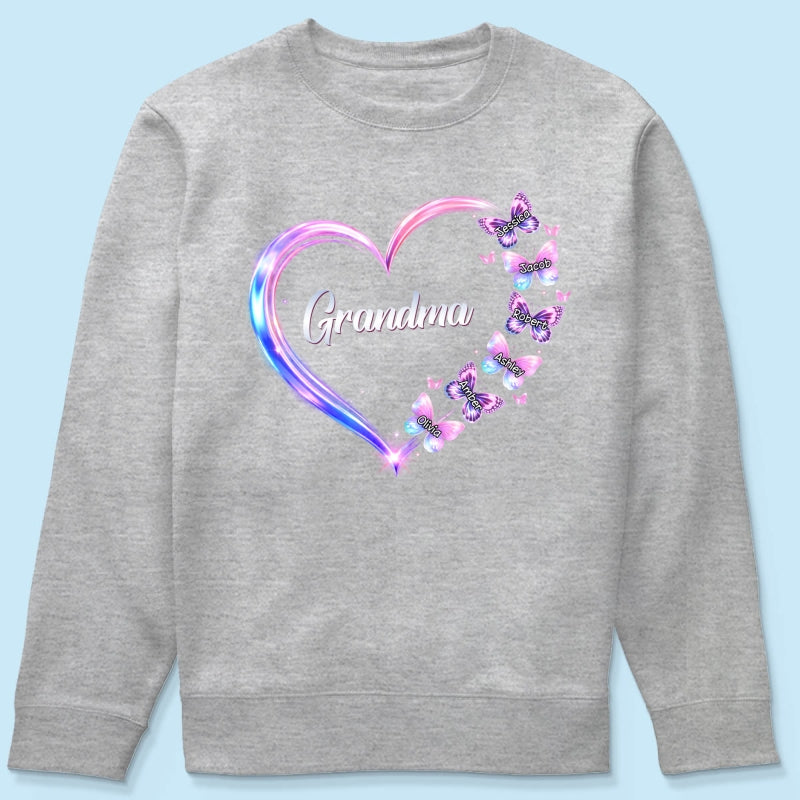 Grandma Mom Butterfly Heart with Kids' Names - Personalized Shirt - Sentimental Gift for Grandma, Mom