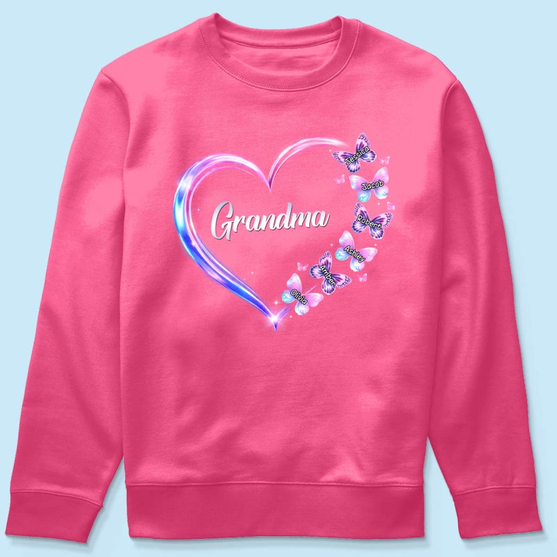Grandma Mom Butterfly Heart with Kids' Names - Personalized Shirt - Sentimental Gift for Grandma, Mom
