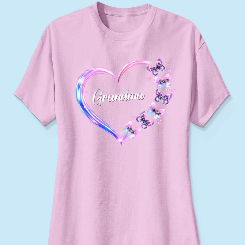 Grandma Mom Butterfly Heart with Kids' Names - Personalized Shirt - Sentimental Gift for Grandma, Mom