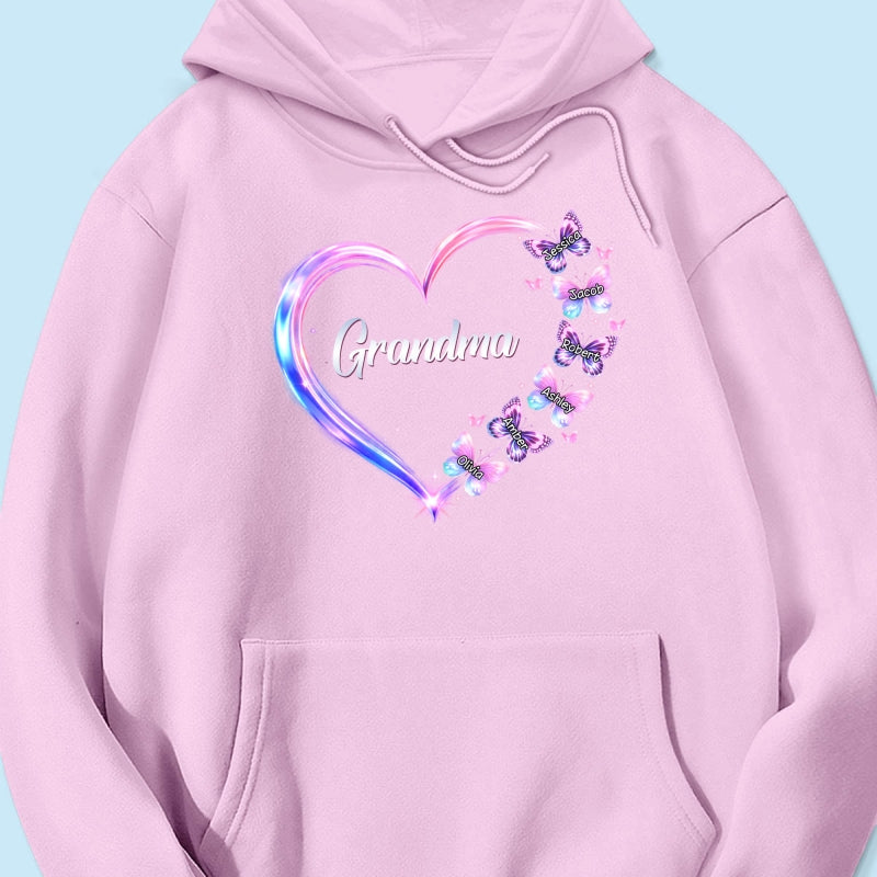 Grandma Mom Butterfly Heart with Kids' Names - Personalized Shirt - Sentimental Gift for Grandma, Mom