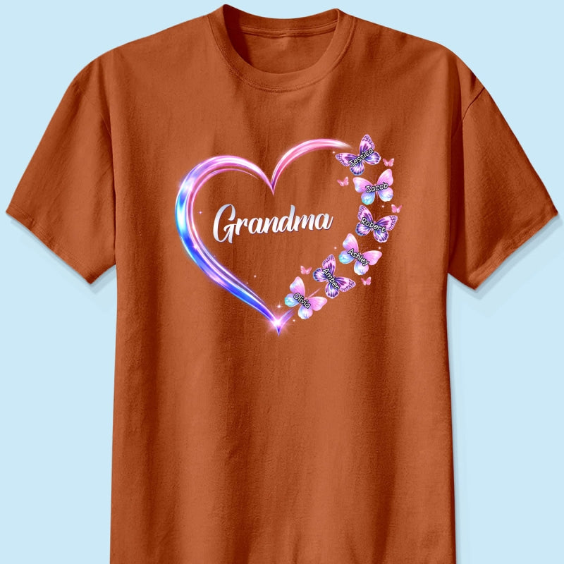 Grandma Mom Butterfly Heart with Kids' Names - Personalized Shirt - Sentimental Gift for Grandma, Mom