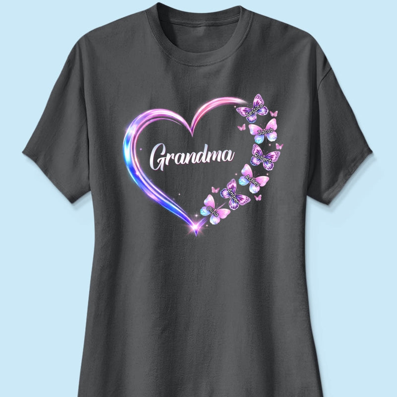 Grandma Mom Butterfly Heart with Kids' Names - Personalized Shirt - Sentimental Gift for Grandma, Mom