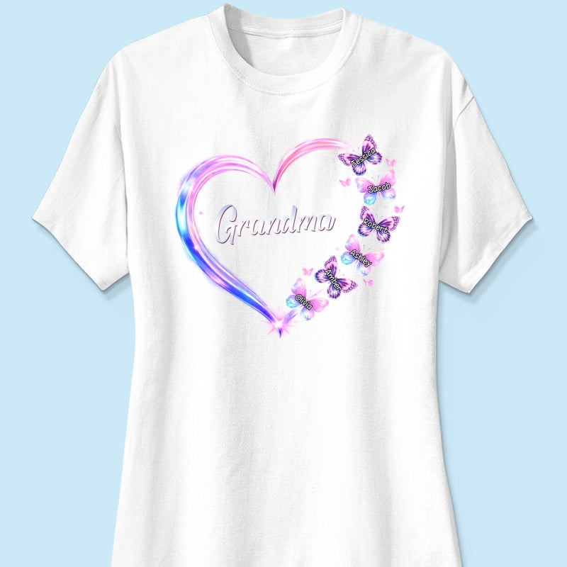 Grandma Mom Butterfly Heart with Kids' Names - Personalized Shirt - Sentimental Gift for Grandma, Mom