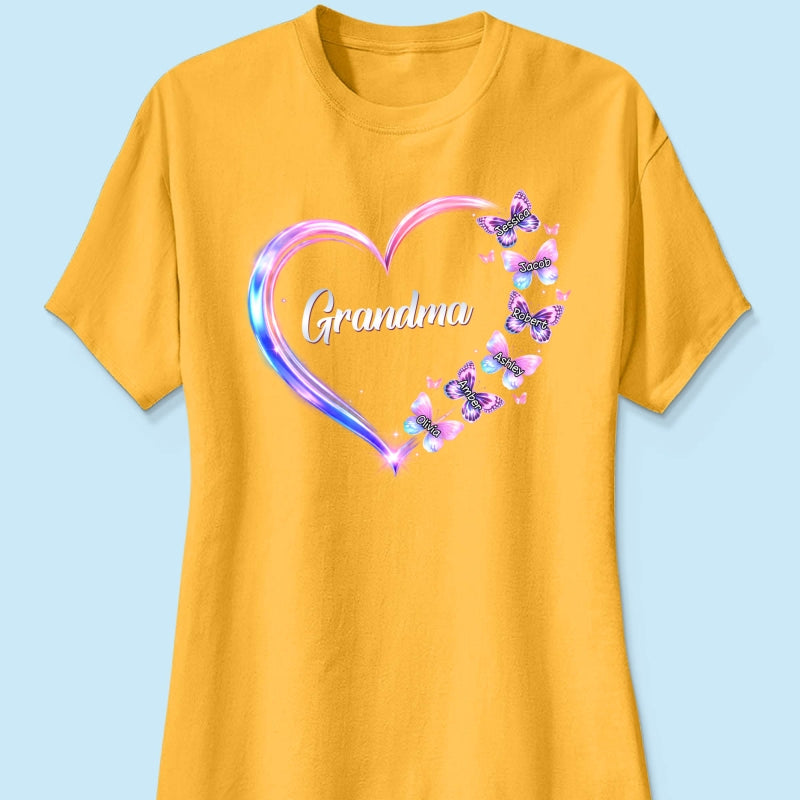 Grandma Mom Butterfly Heart with Kids' Names - Personalized Shirt - Sentimental Gift for Grandma, Mom