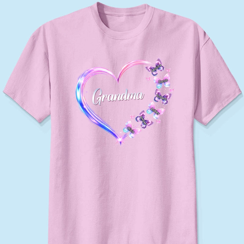 Grandma Mom Butterfly Heart with Kids' Names - Personalized Shirt - Sentimental Gift for Grandma, Mom